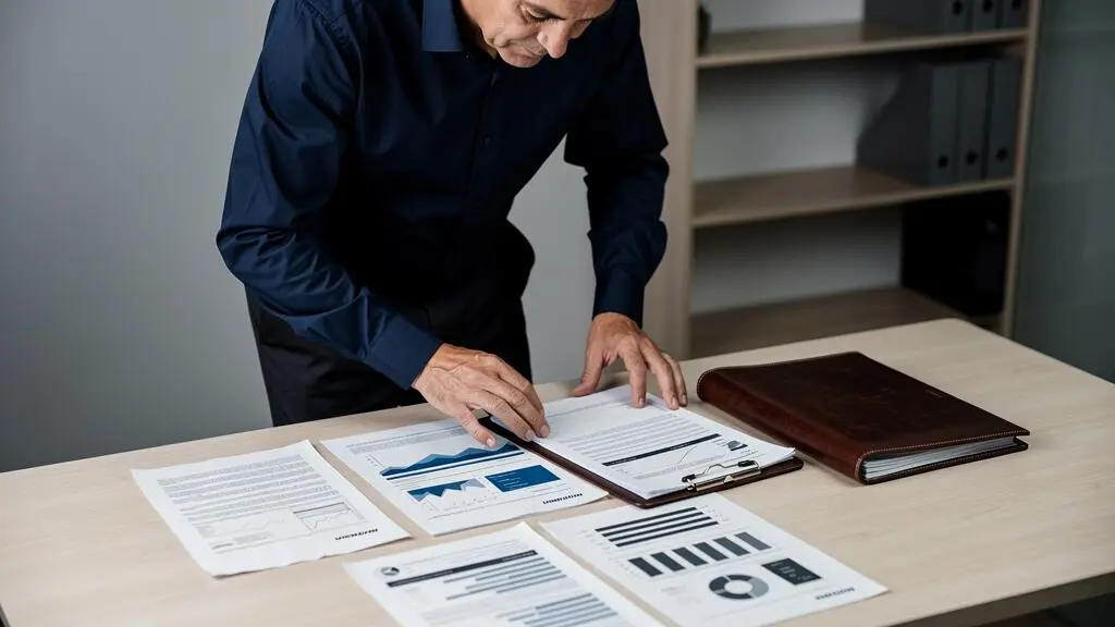 Expert comptable analysant des documents financiers sur un bureau professionnel pour gérer les charges d'une SASU.