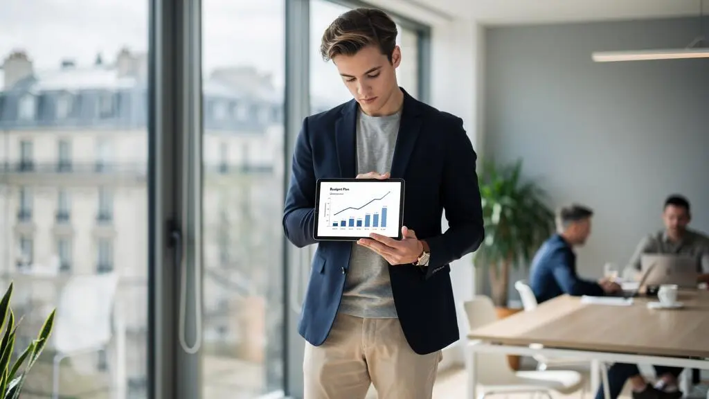 Dirigeant de SASU examinant un tableau de bord financier sur une tablette dans un espace de travail moderne.