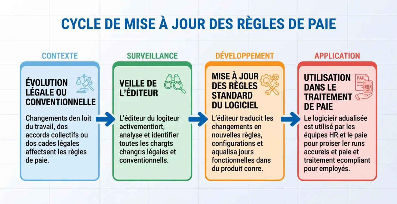 Schéma du passage d'une évolution légale vers les règles du logiciel de paie